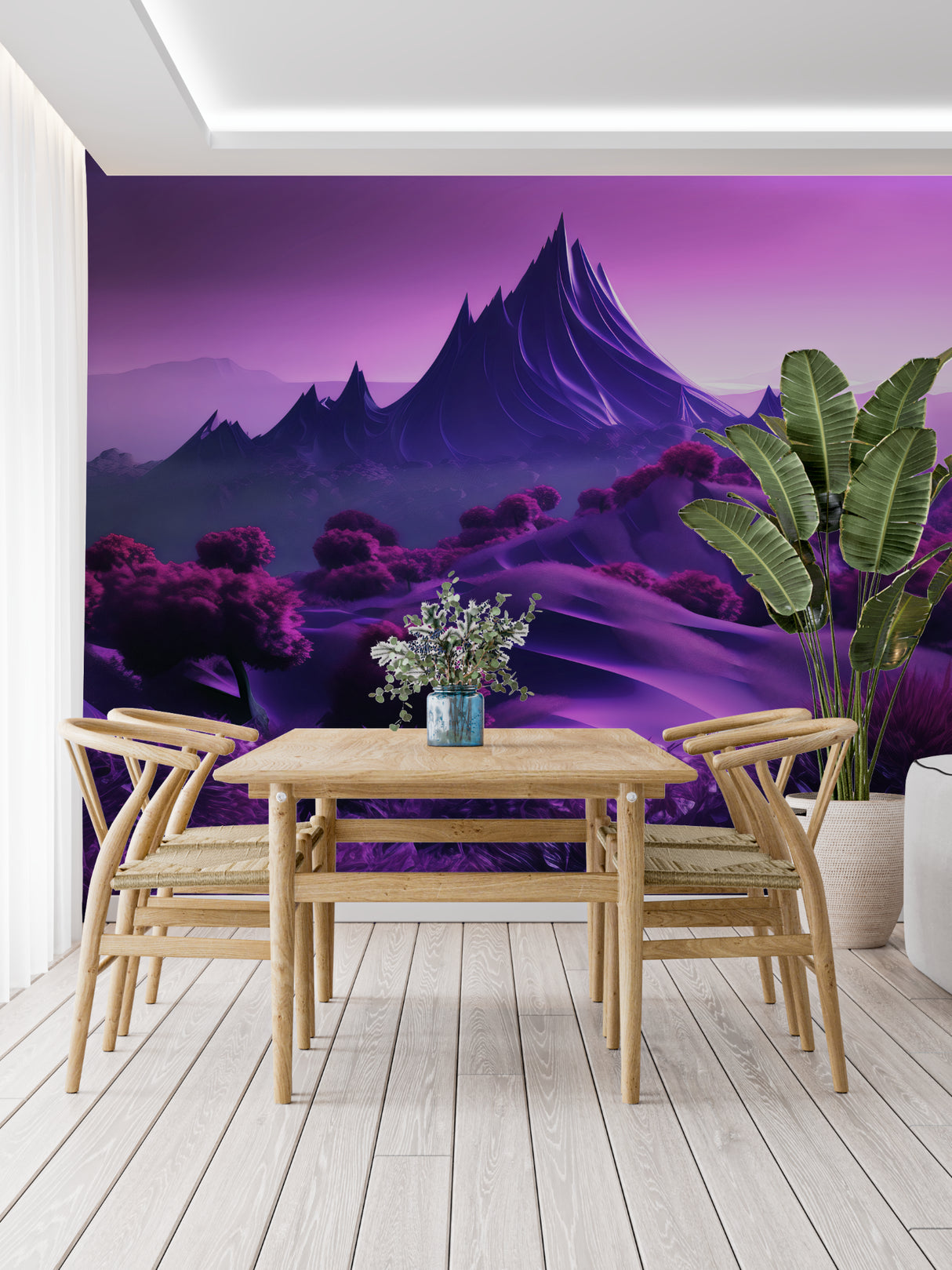 Purple mountain wallpaper creating depth in modern living room with grey sofa and minimalist decor