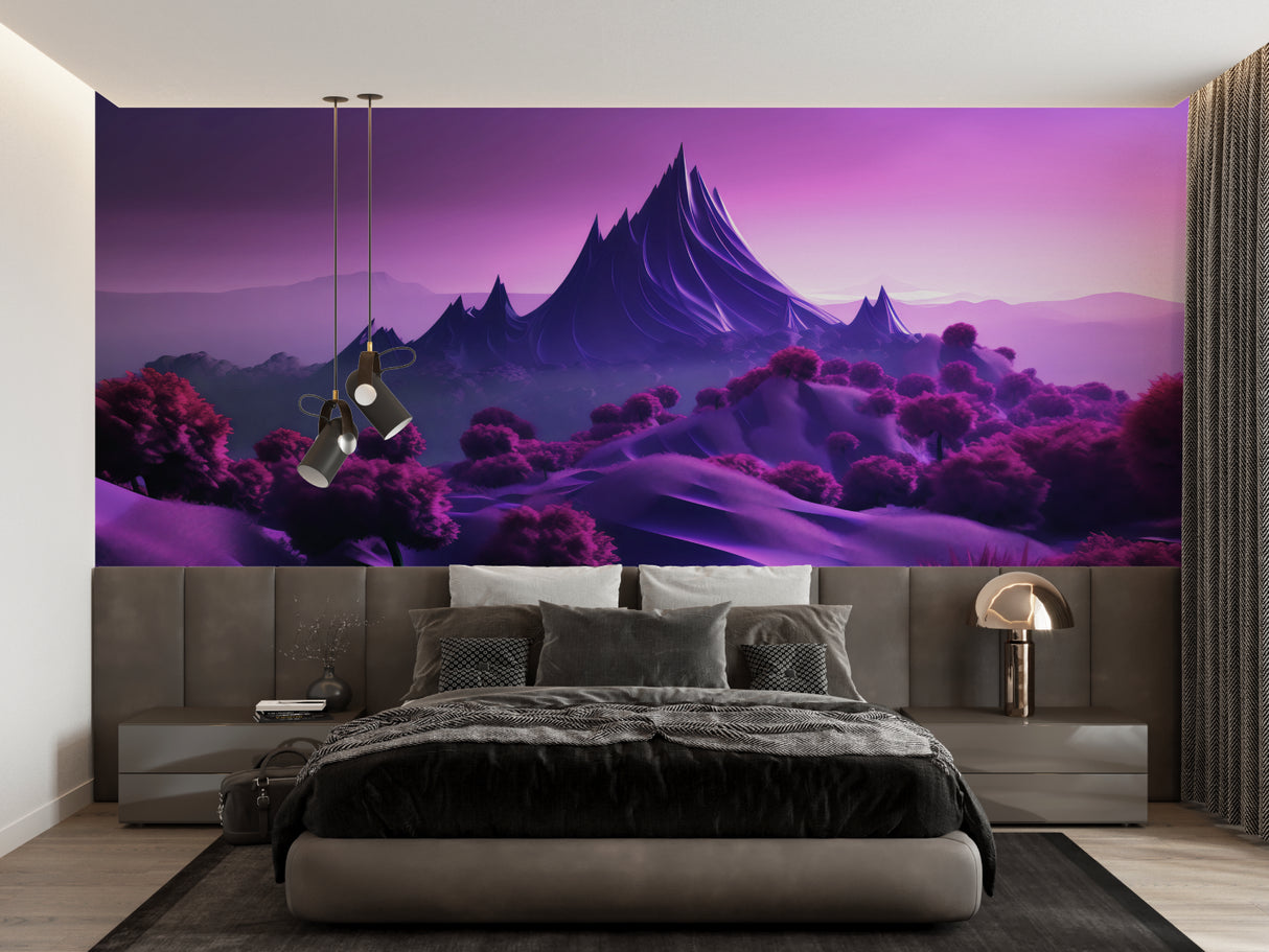 Fantasy mountain mural bringing magic to teen bedroom with purple accent lighting