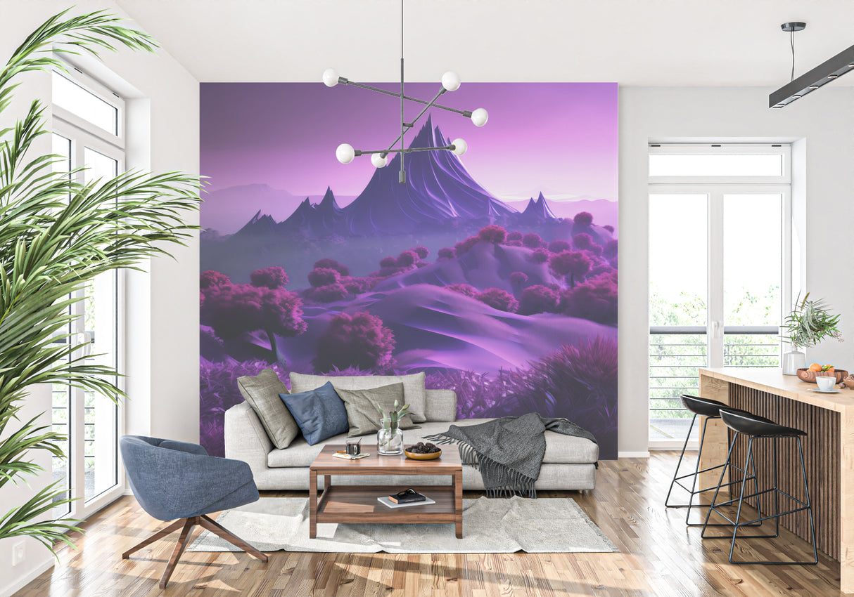 Mountain wall mural in purple tones transforming home office space with natural light