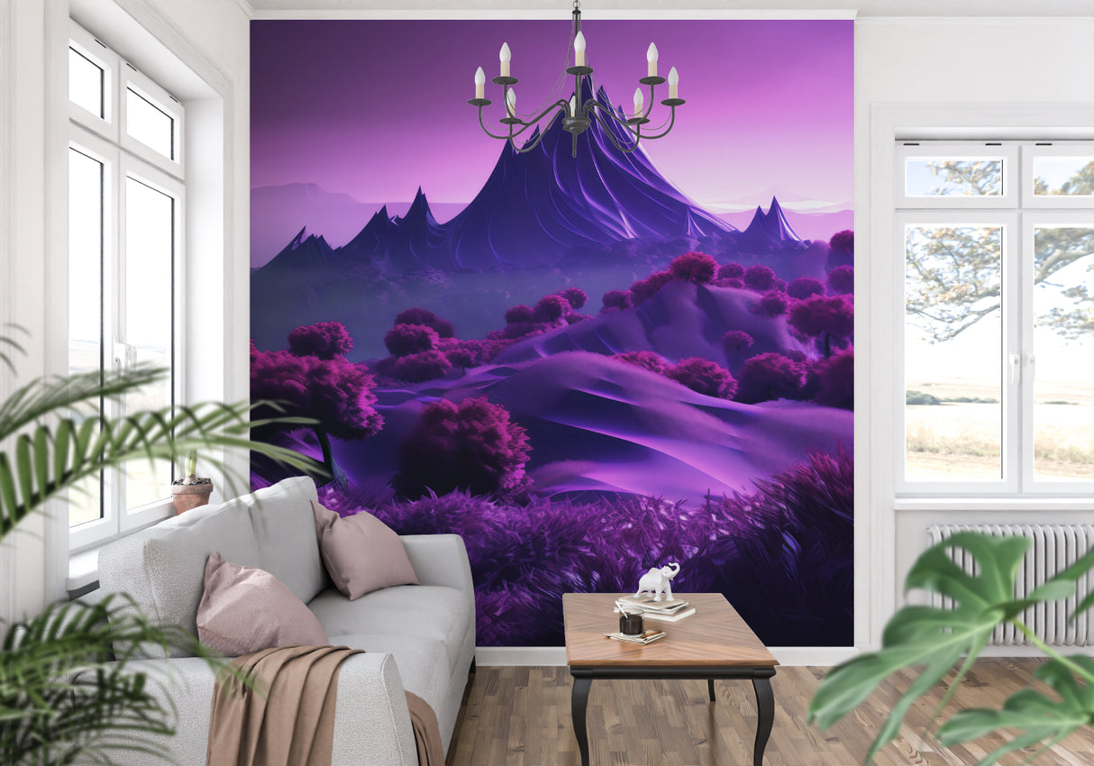 Purple landscape wallpaper adding depth to meditation room with floor cushions