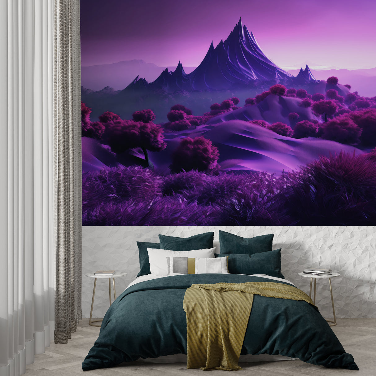 Fantasy mountain design enhancing reading nook with cozy chair and bookshelf