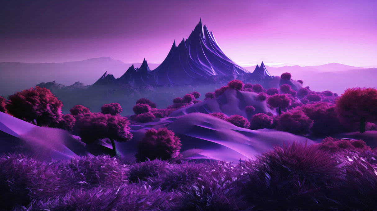 Purple fantasy mountain landscape design file showing intricate details and rich color palette