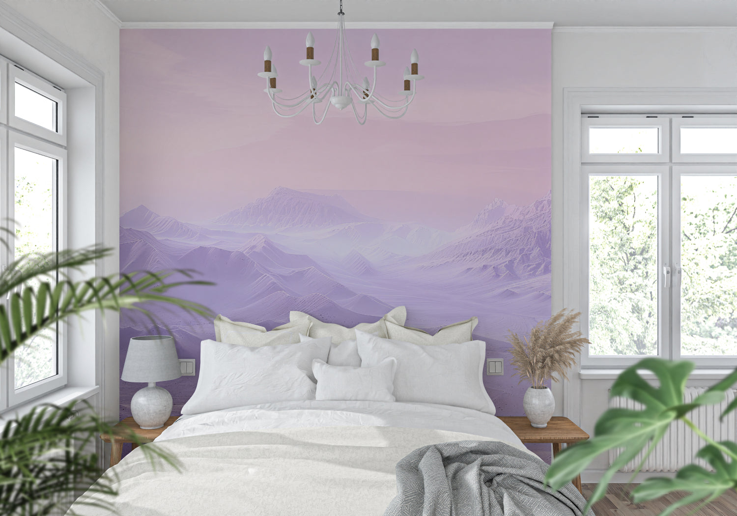 Purple Mountain Mural Wallpaper creating depth in modern living room with grey sofa and natural light