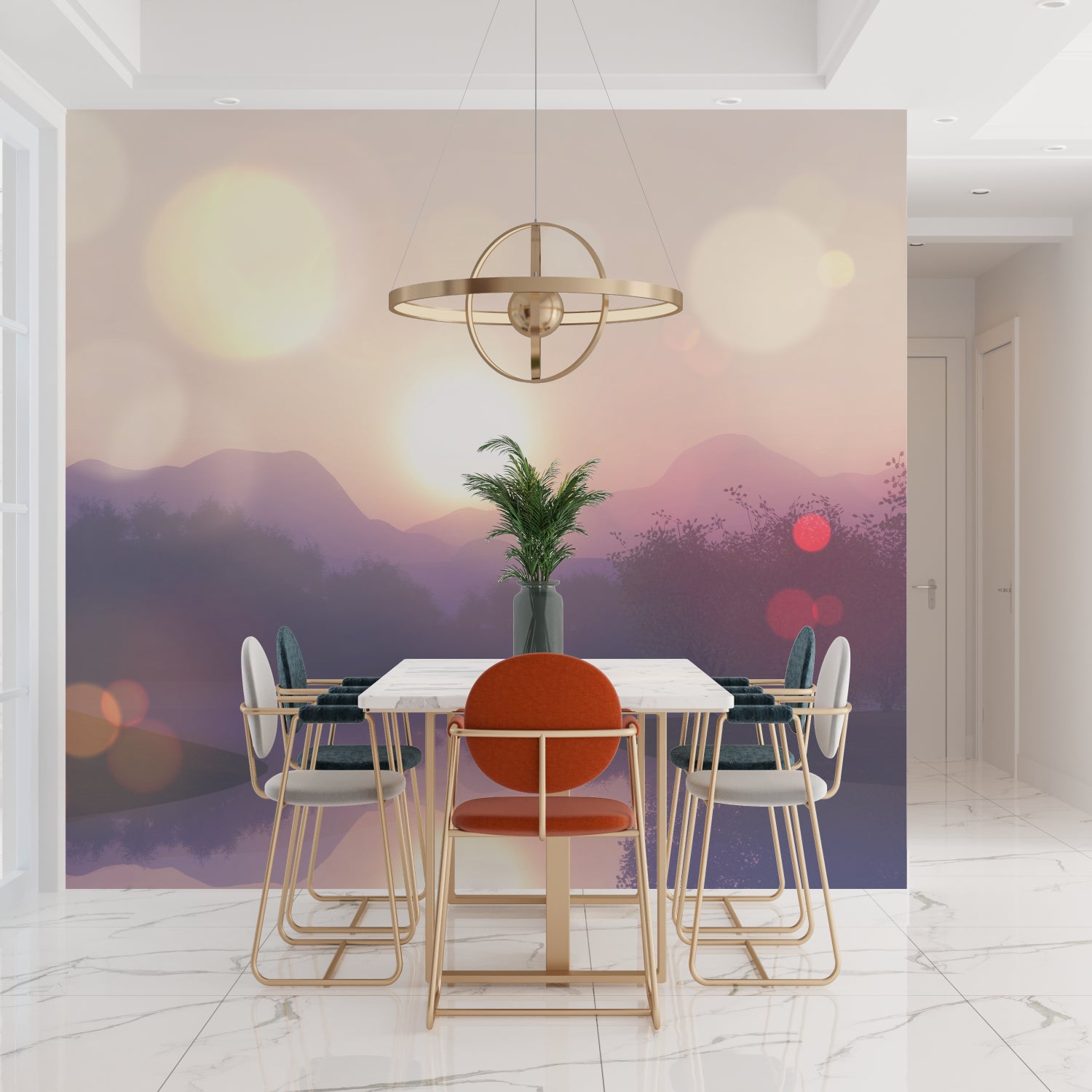 Watercolor mountain wallpaper in home office, purple peaks creating focus wall