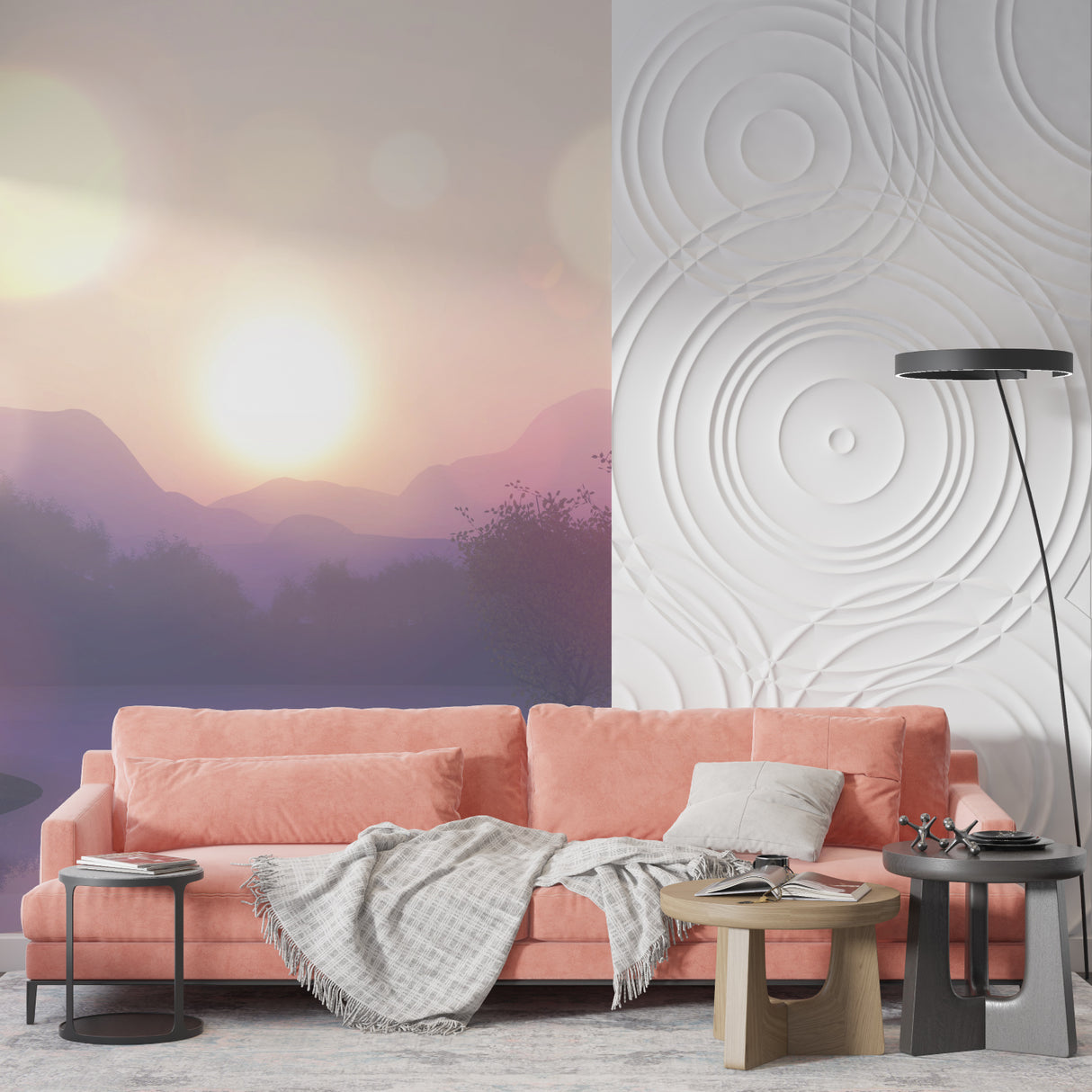 Mountain sunset mural in dining room, purple landscape adding natural beauty