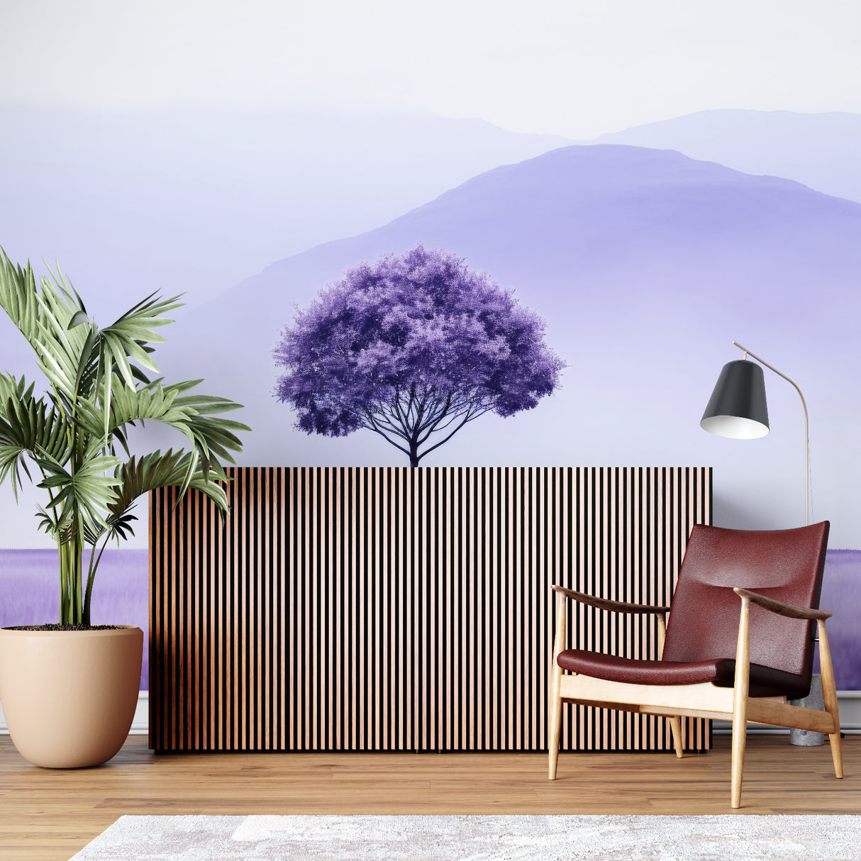 Purple mountain wallpaper in modern living room creating serene atmosphere