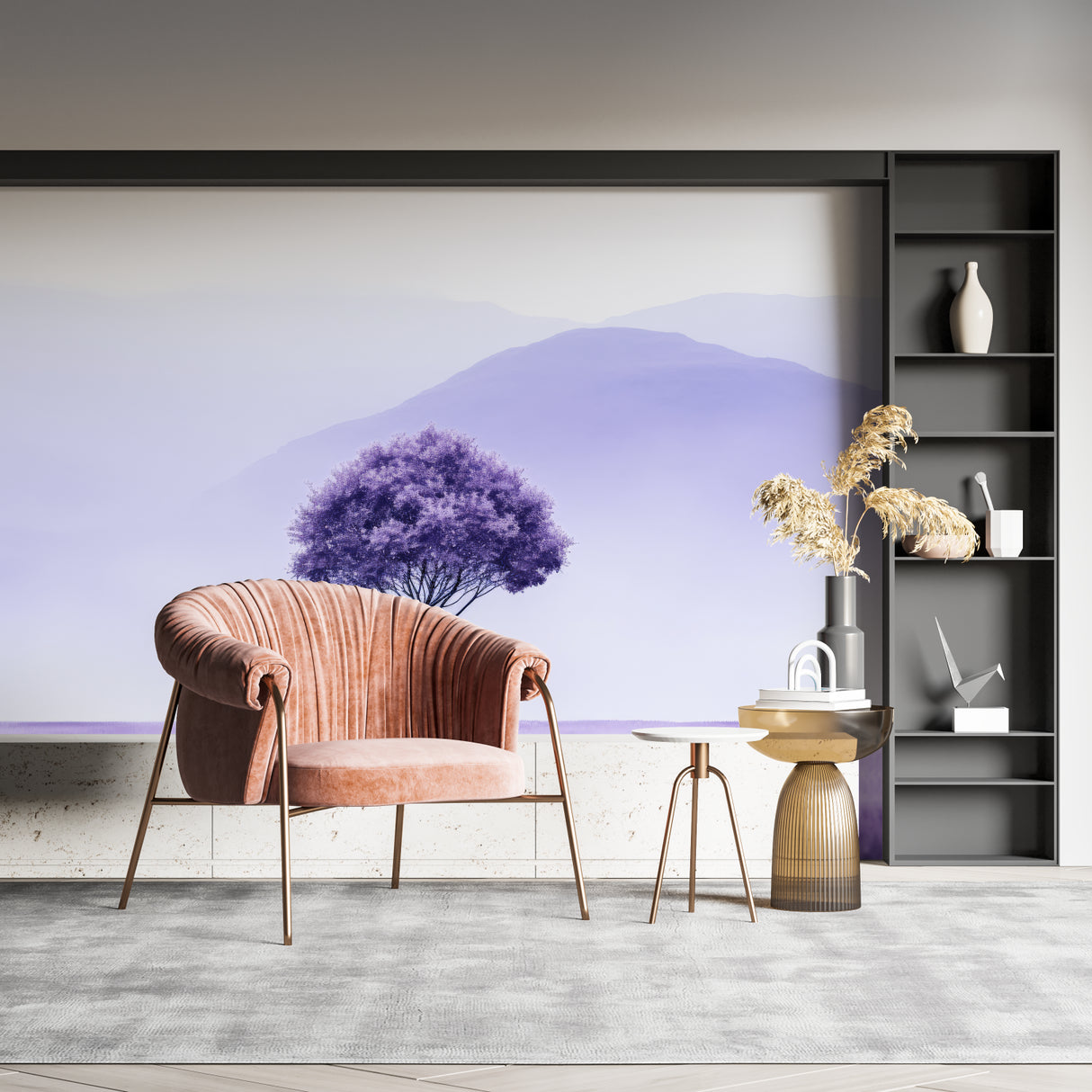 Mountain landscape mural in master bedroom with minimal furniture