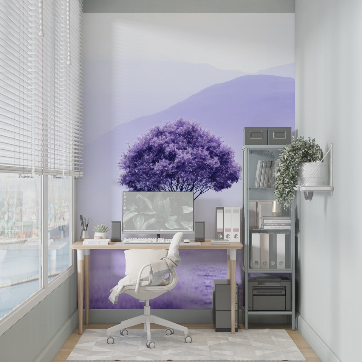 Purple mountain wall mural in dining room creating cozy atmosphere