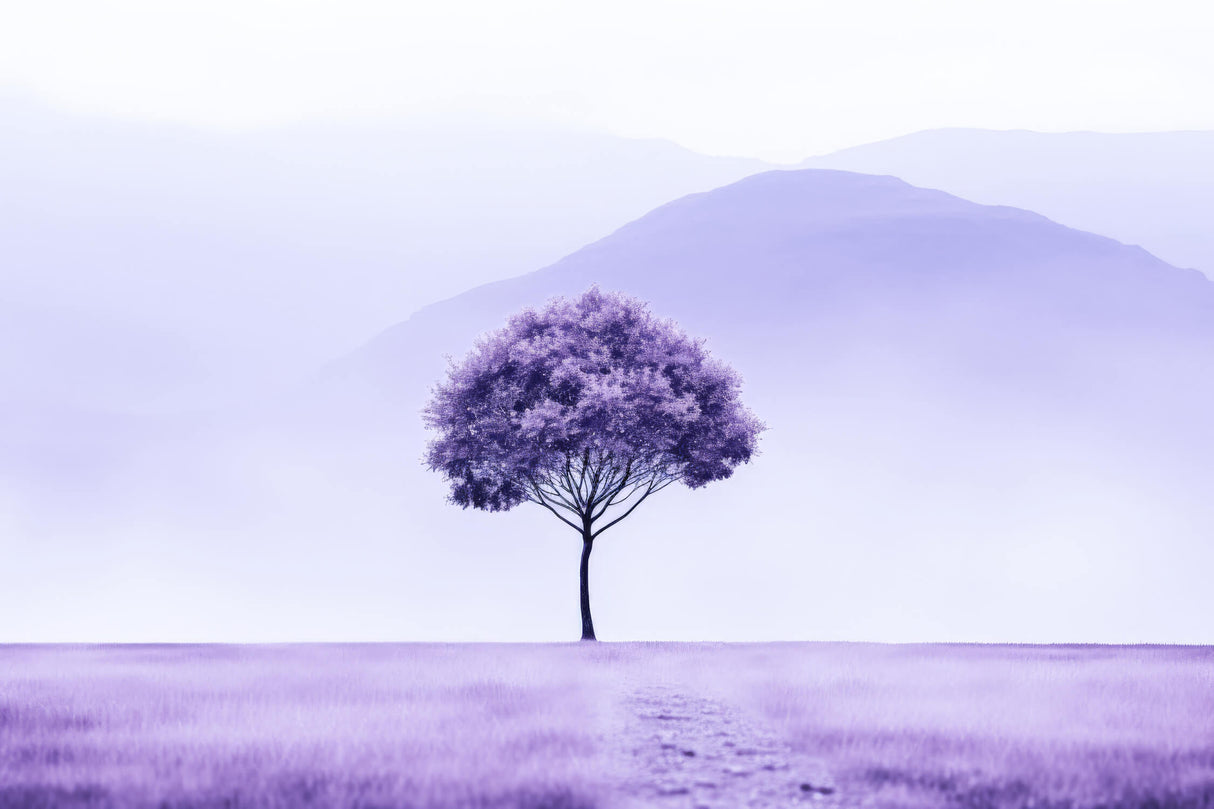 Design file of purple mountain landscape wallpaper showing misty peaks and lone tree