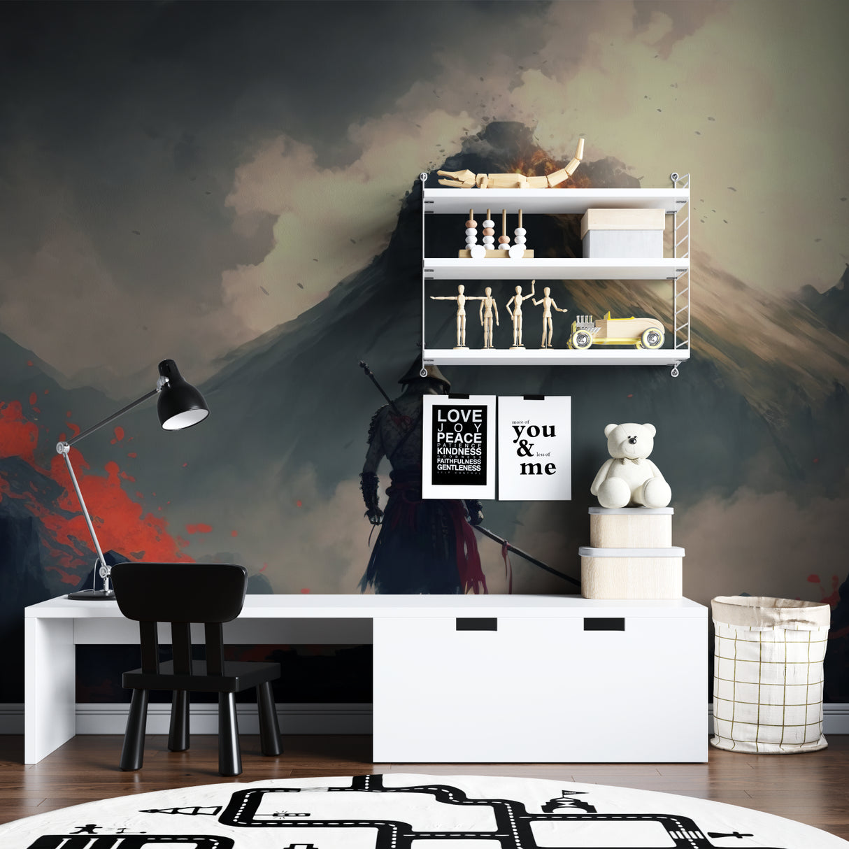 Mountain landscape wallpaper with samurai warrior shown in modern minimalist living room setting