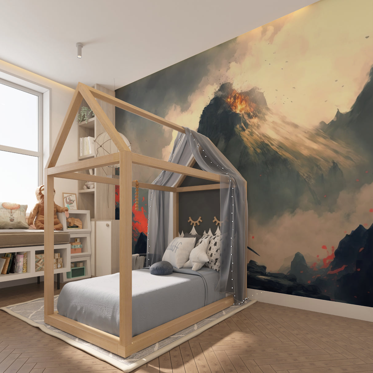 Japanese mountain mural creating dramatic impact in home office space