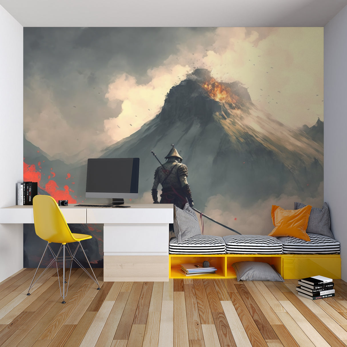 Samurai wall mural bringing Asian inspiration to meditation room