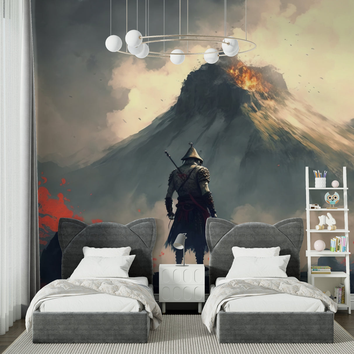 Mountain scene wallpaper with sunset colors displayed in gaming room