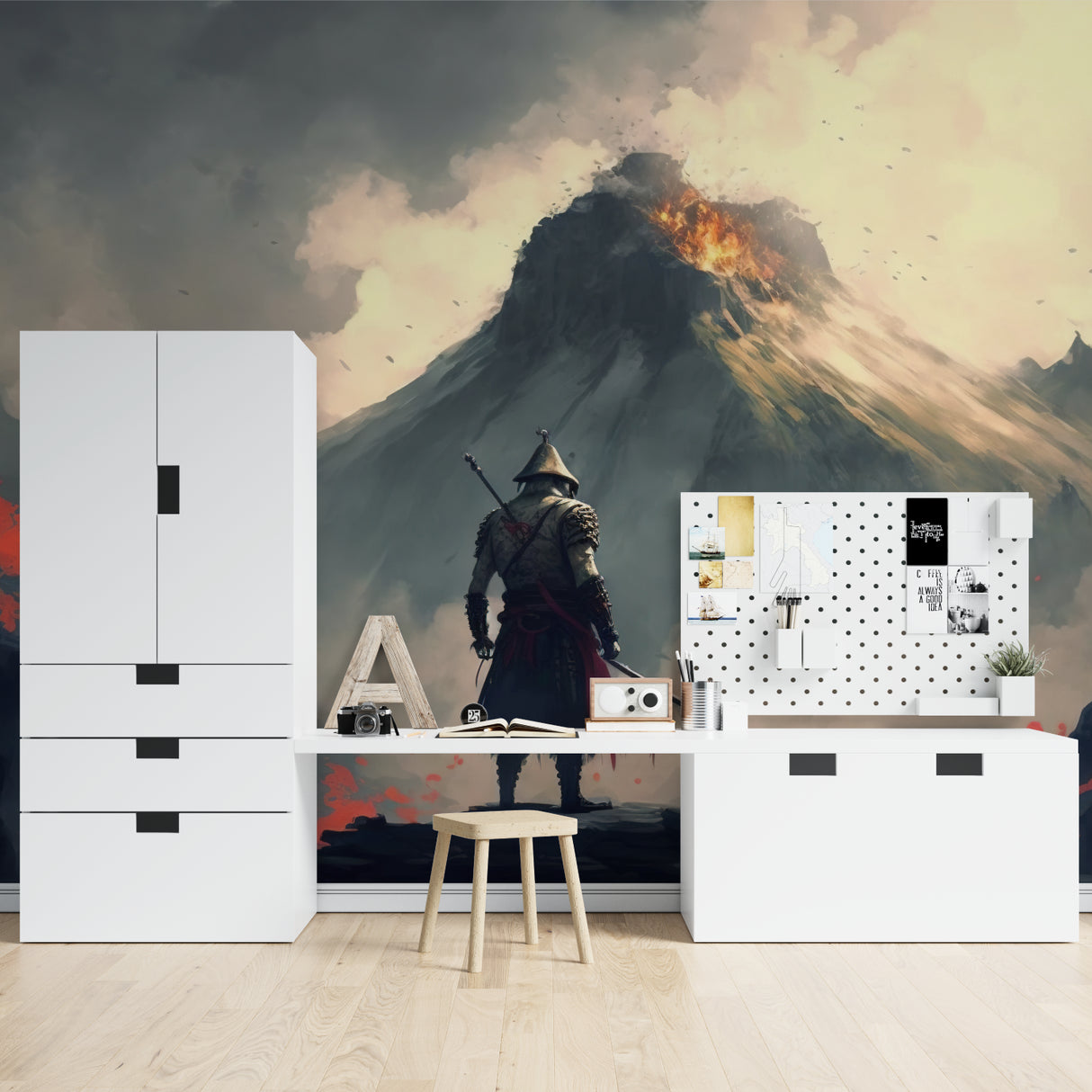 Japanese warrior wallpaper showcased in contemporary dining space