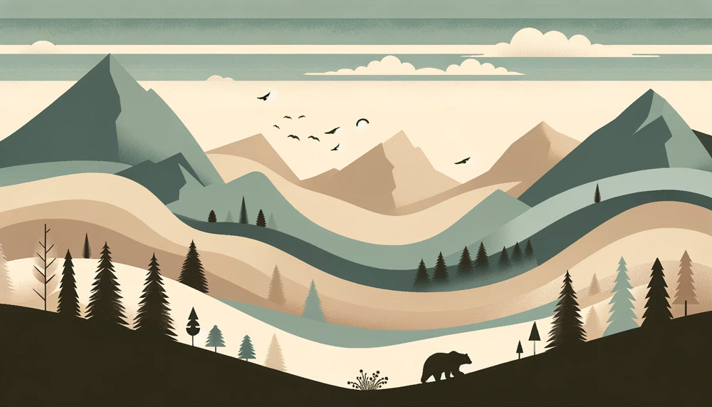 Mountain and forest wallpaper design file showing detailed pine trees and peaks in sage-green tones