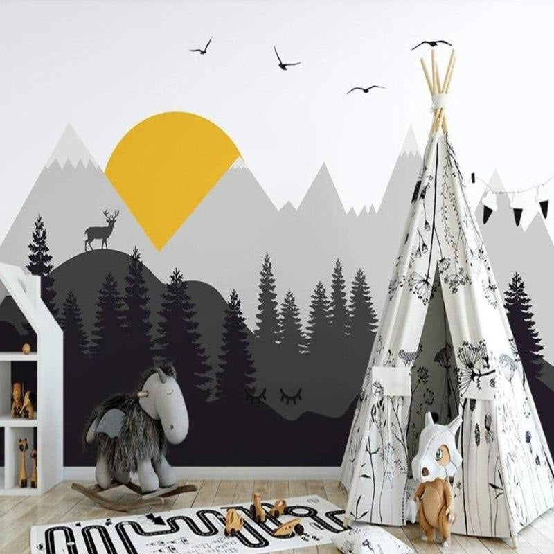 Mountain landscape wallpaper with yellow sun in modern Scandinavian living room, showing clean lines and natural light