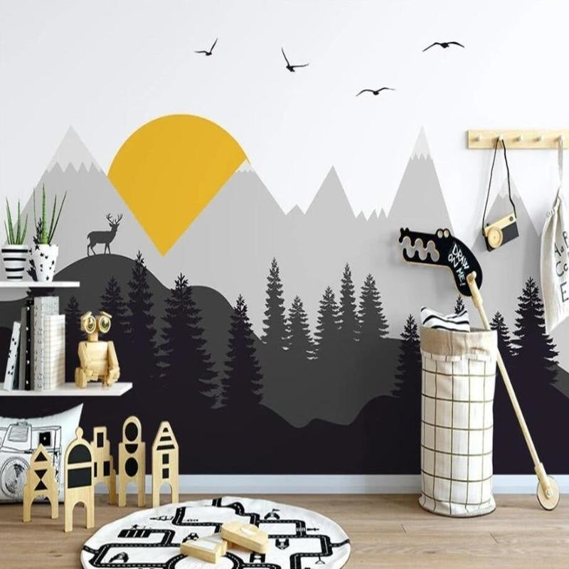 Nordic mountain mural in minimalist bedroom, featuring peaceful forest scene and sunrise