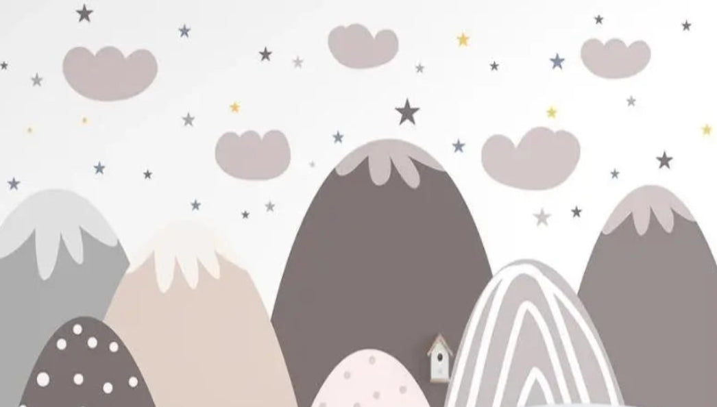 Mountain wallpaper design file showing Nordic peaks pattern with gold and silver stars on white background