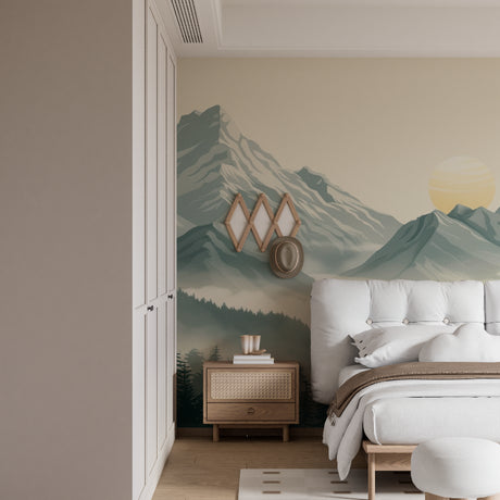 Mountain landscape wallpaper creating depth in a modern living room with minimalist furniture