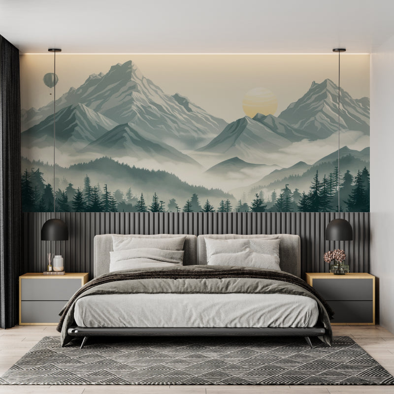 Scandinavian mountain mural in a cozy bedroom setting with natural light