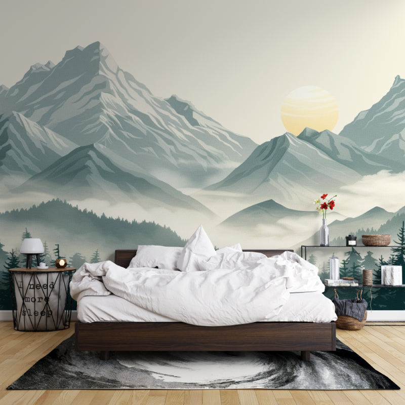 Mountain wall mural bringing nature into a home office space