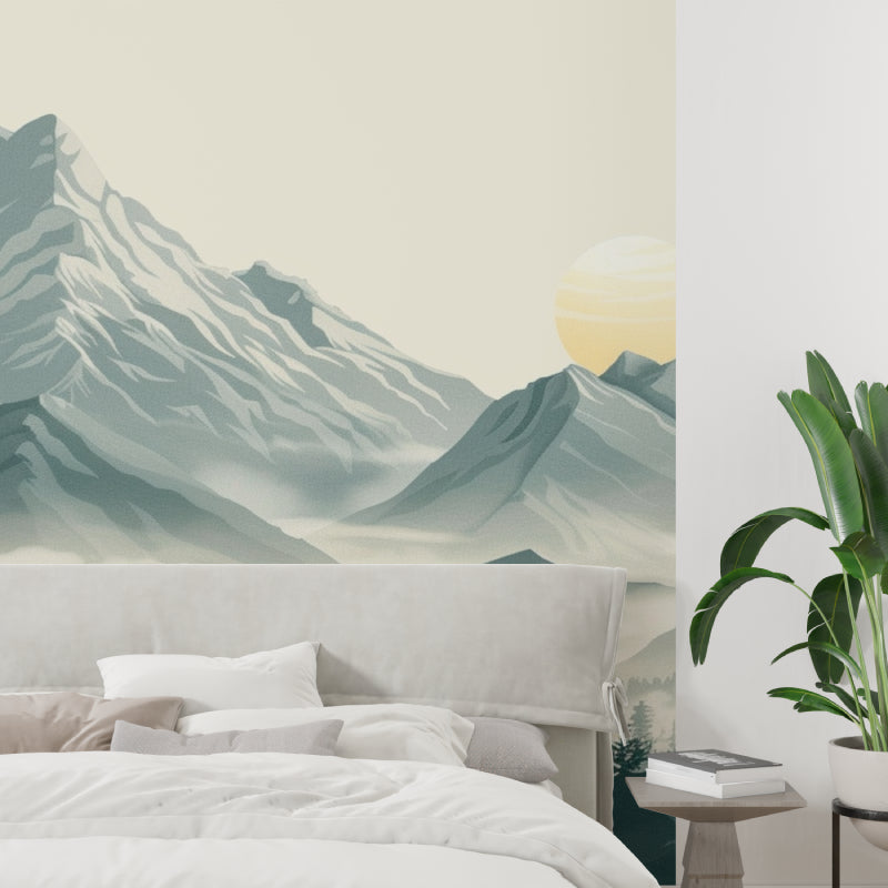 Misty peaks wallpaper creating calm atmosphere in dining room