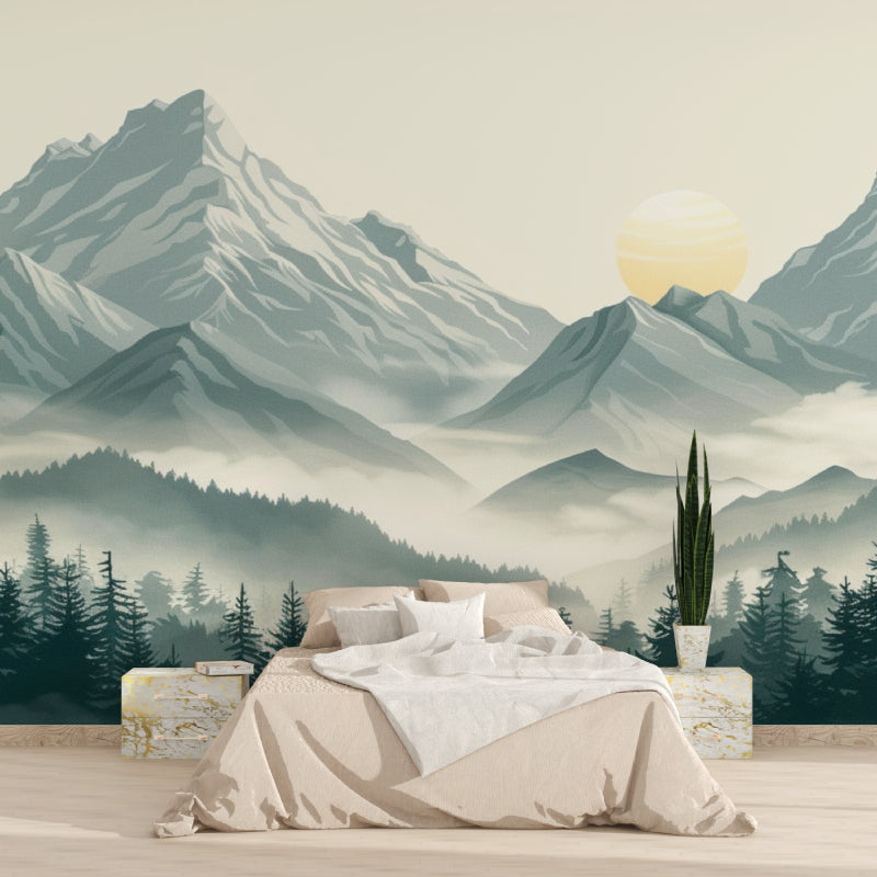 Mountain landscape mural enhancing meditation room ambiance