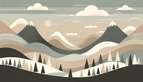 Scandinavian mountain wallpaper design file showing gentle beige and sage-green tones with geometric elements