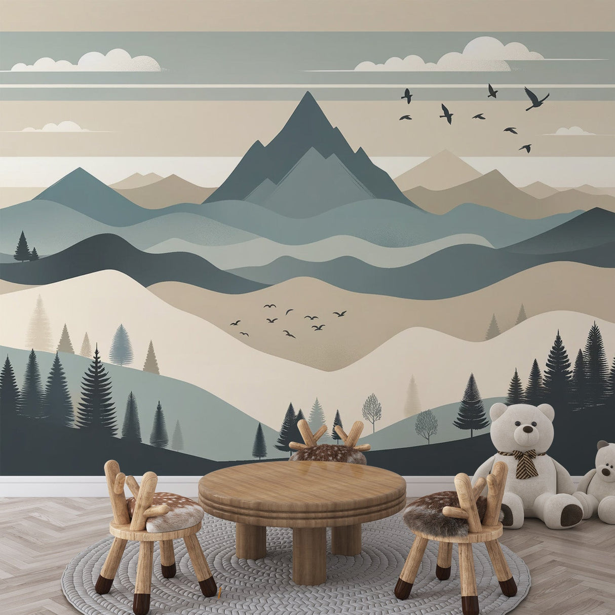 Mountain landscape wallpaper creating a peaceful atmosphere in a modern living room with minimalist furniture