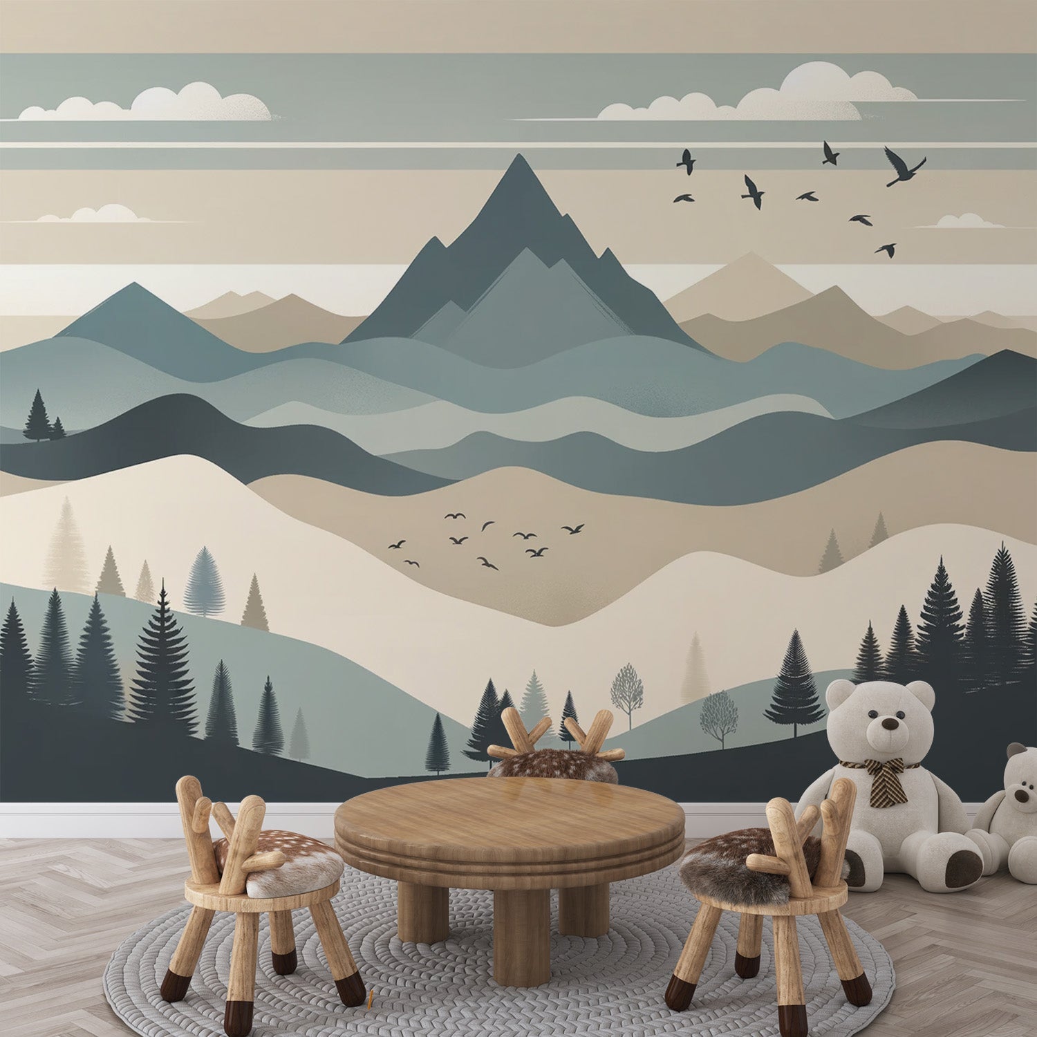 Mountain landscape wallpaper creating a peaceful atmosphere in a modern living room with minimalist furniture