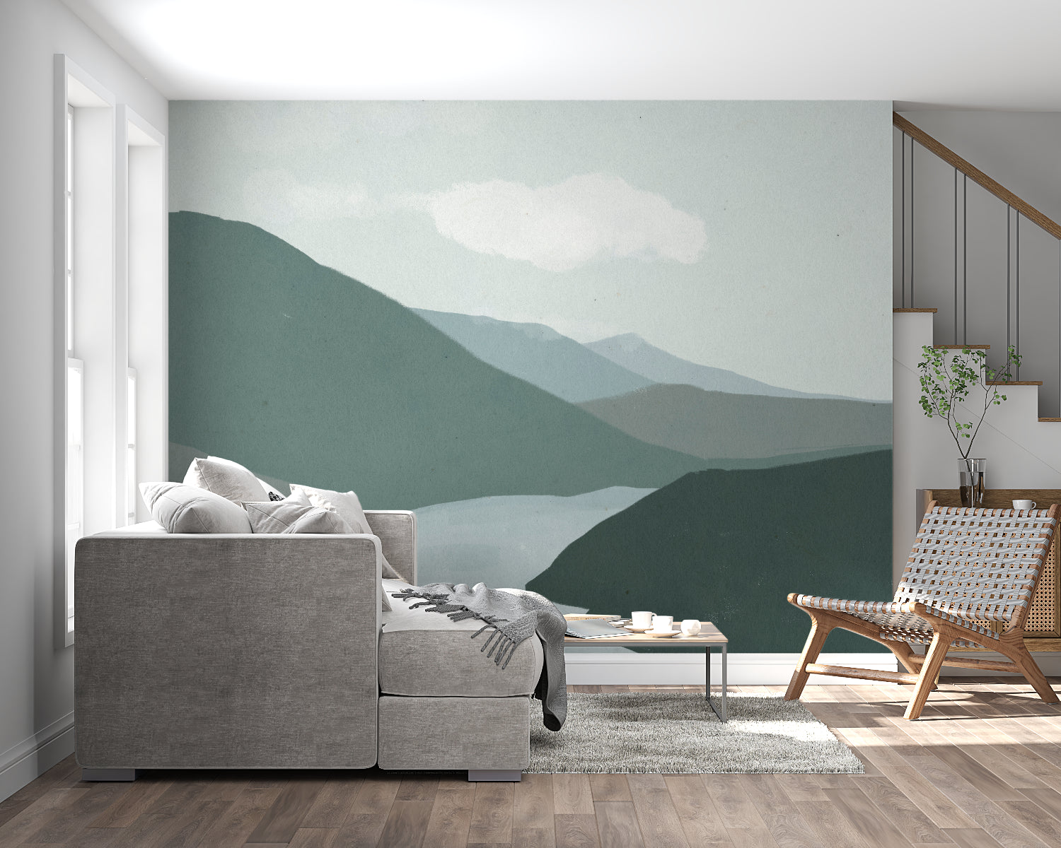 Mountain landscape wallpaper creating depth in modern living room with minimal furniture