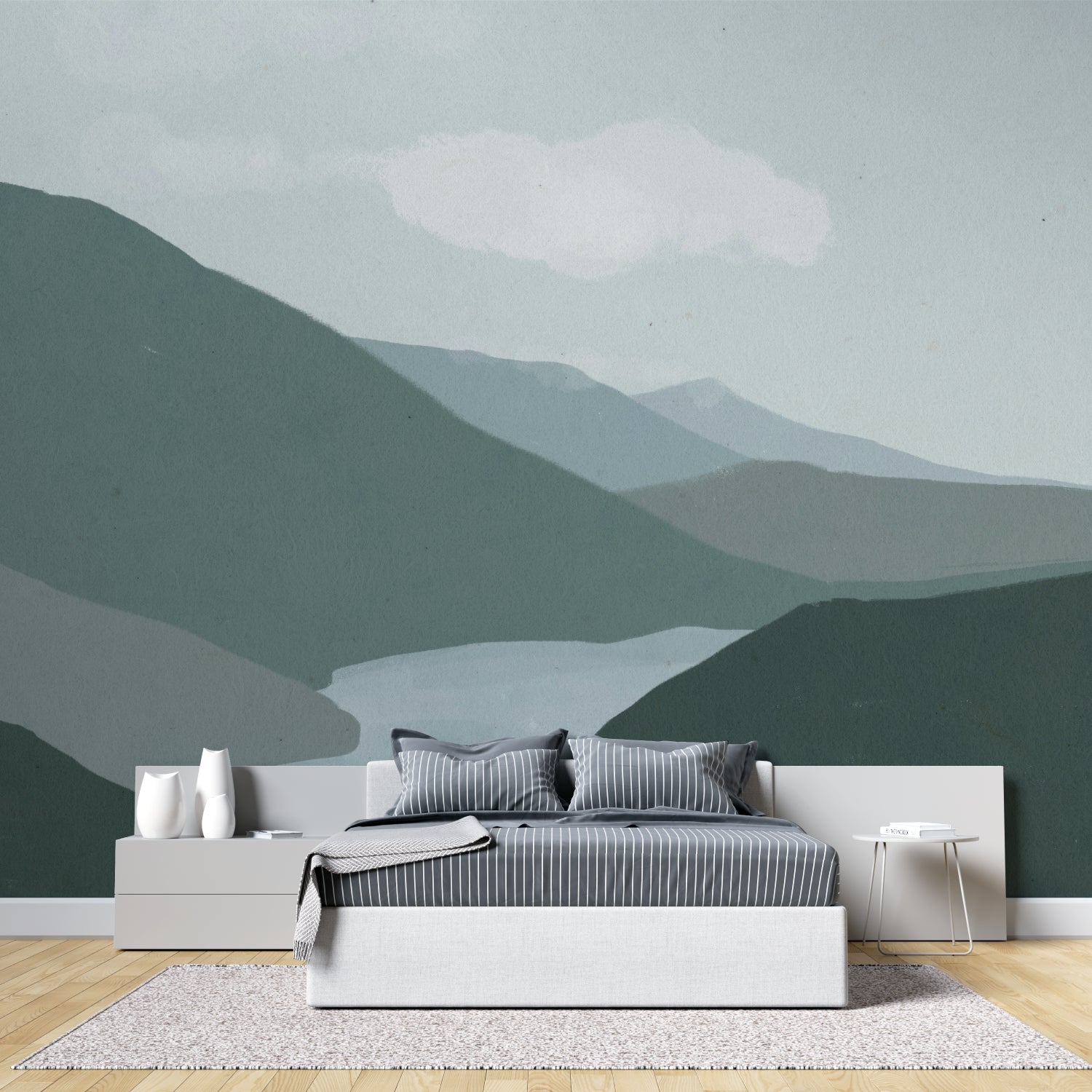 Nordic mountain mural wallpaper in cozy bedroom setting with natural light