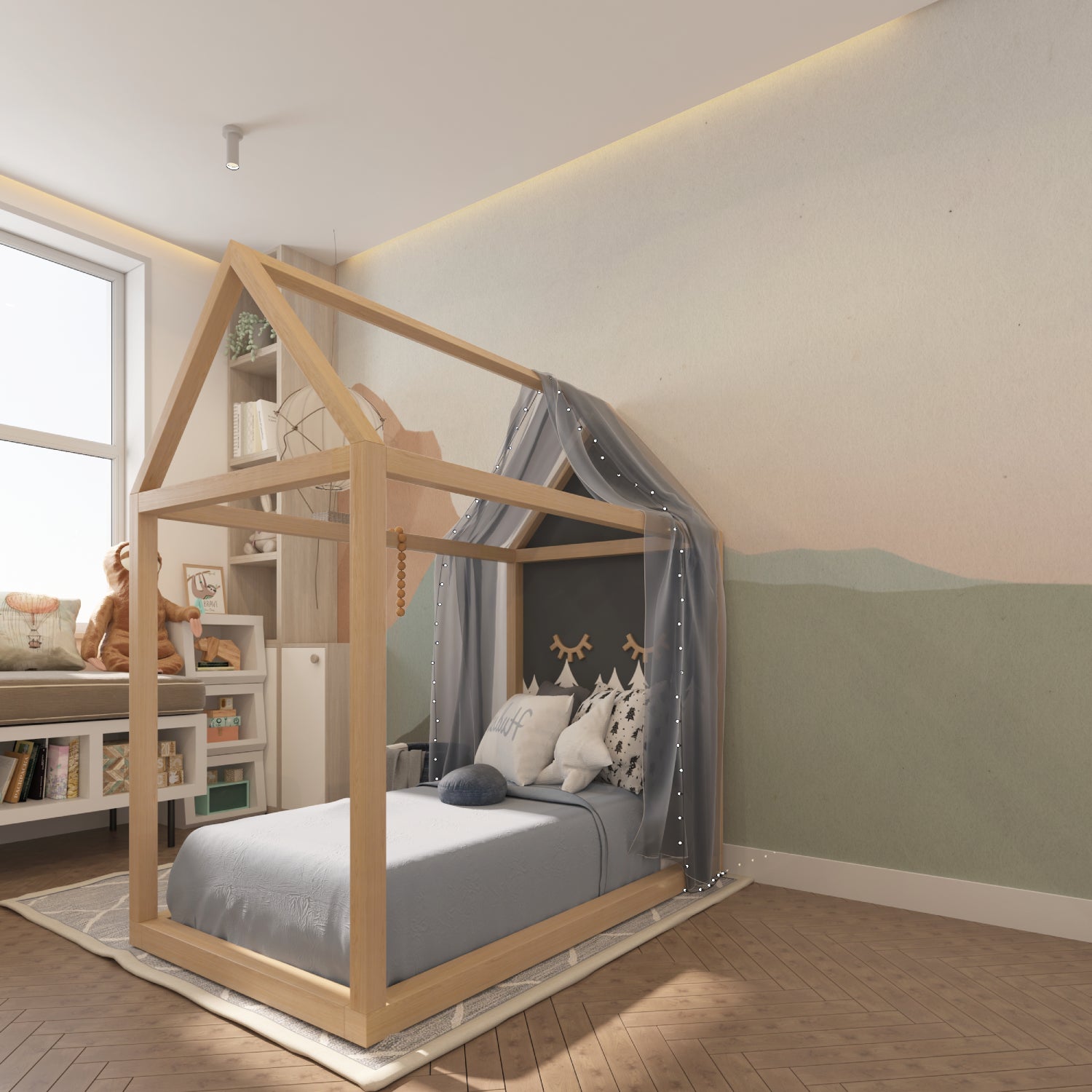 Pastel mountain mural bringing calm to a cozy bedroom with natural light