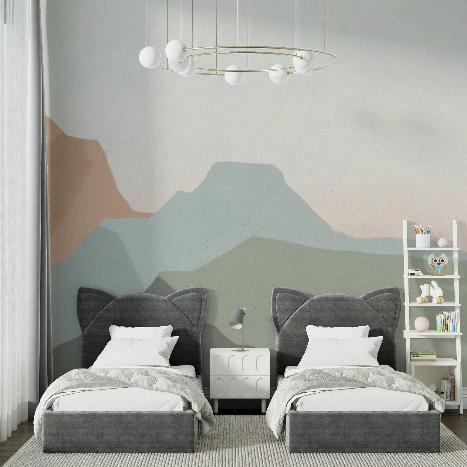 Serene mountain wallpaper design showcased in a peaceful home office setting