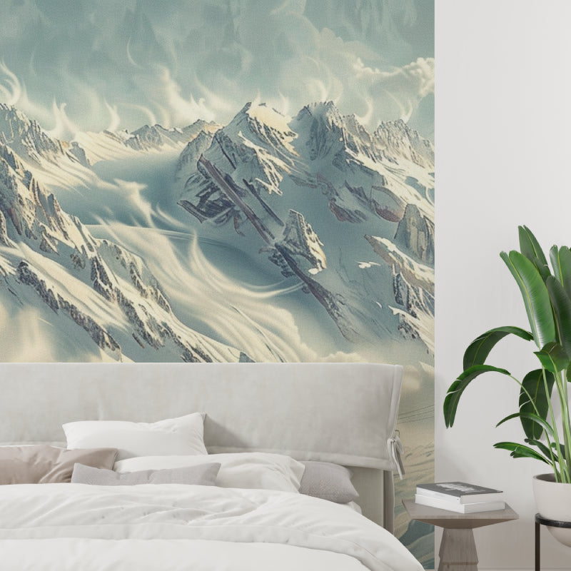 Snowy peaks wallpaper bringing nature into minimalist bedroom setting