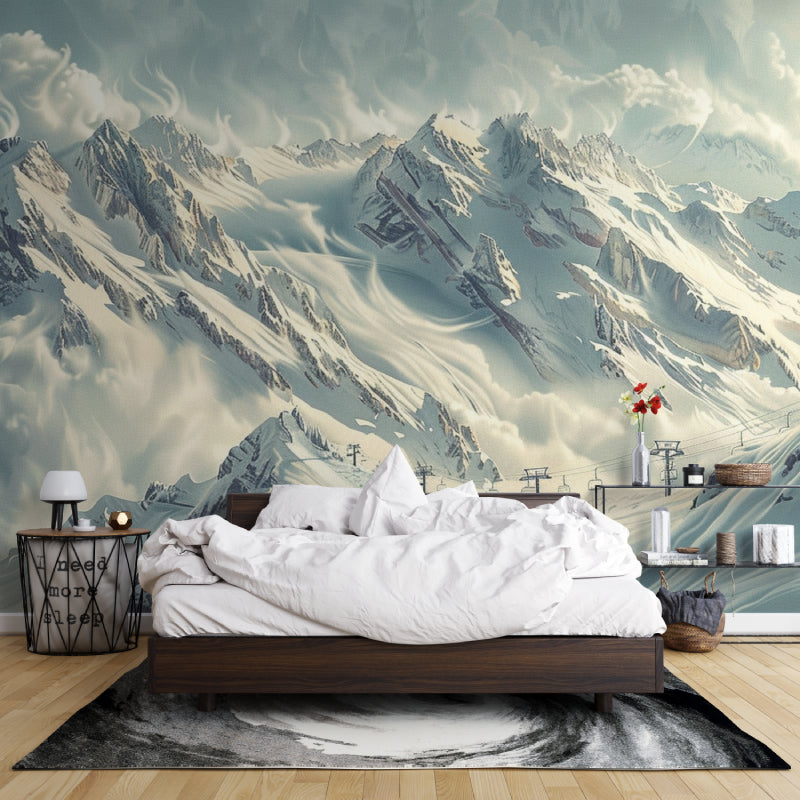 Snowy mountain wallpaper adding depth to modern living space