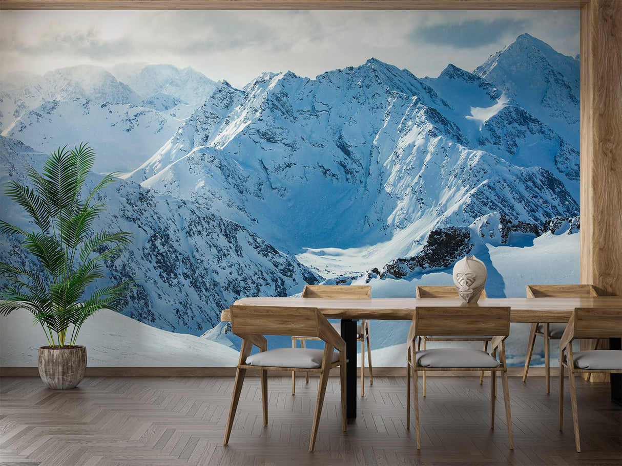 Alpine landscape mural in minimalist bedroom showing scale