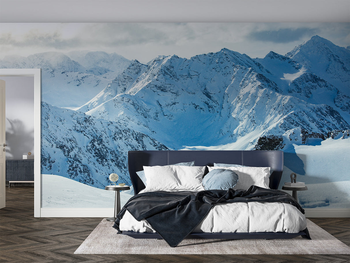 Snow-capped peaks wallpaper in bright office space