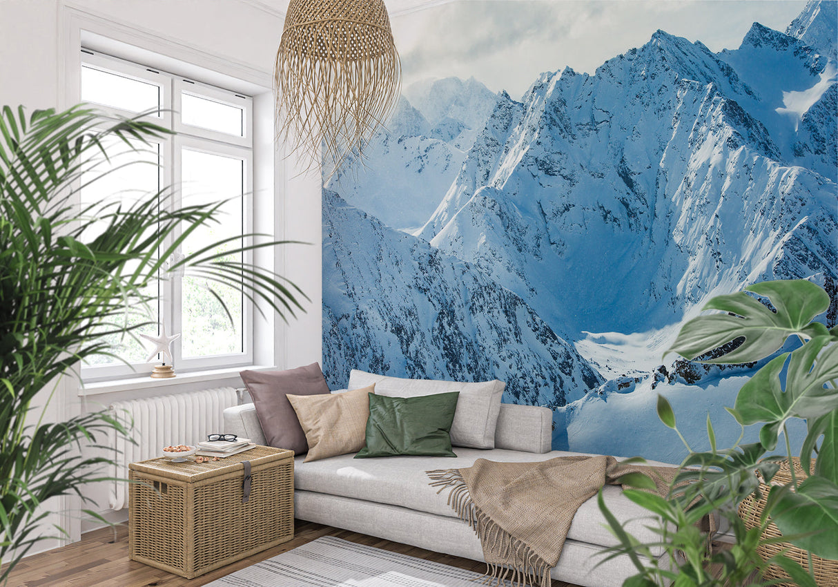 Mountain mural adding depth to dining room with natural light