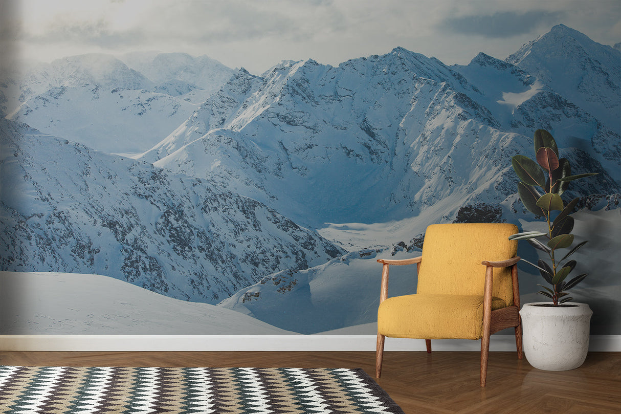 Panoramic mountain wallpaper in cozy reading nook