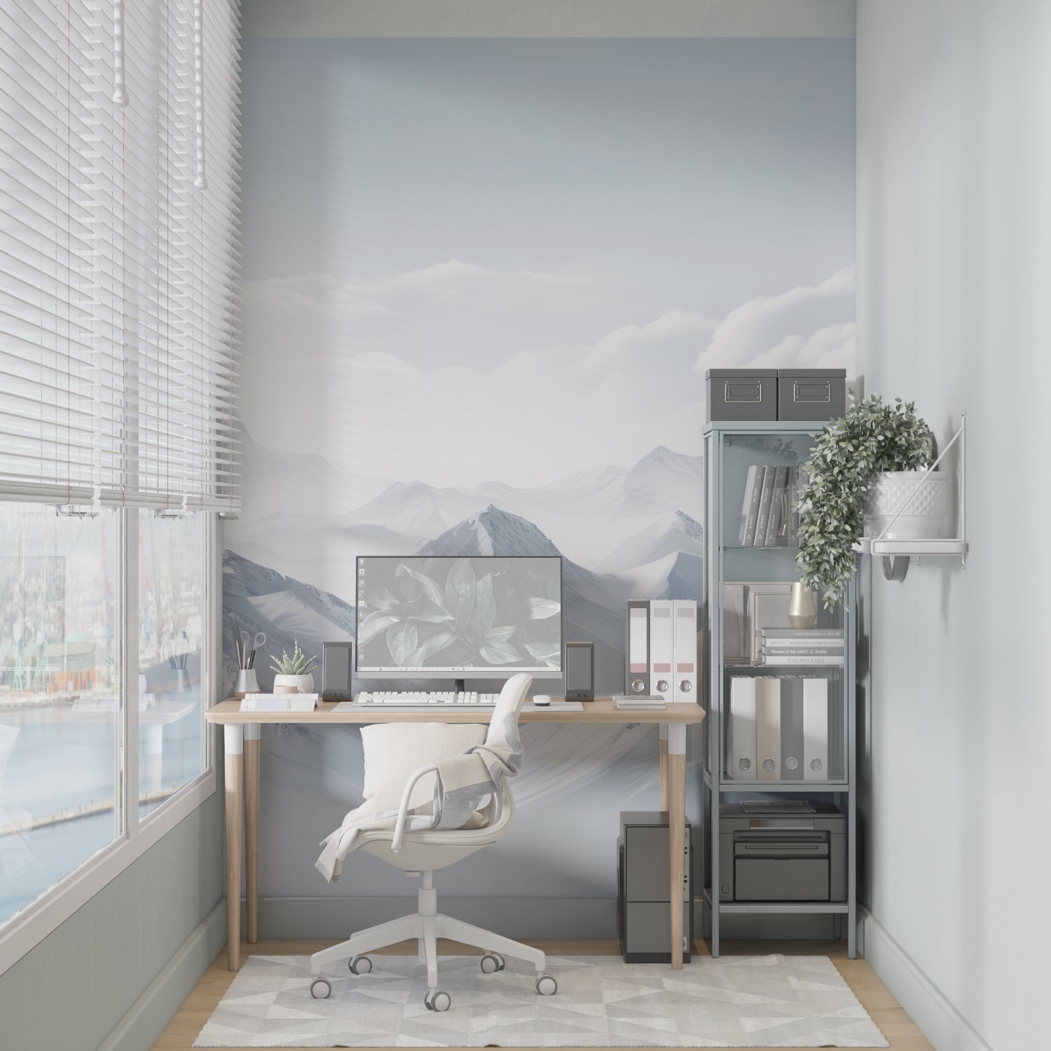Mountain wall mural in modern living room showing scale of snowy peaks design