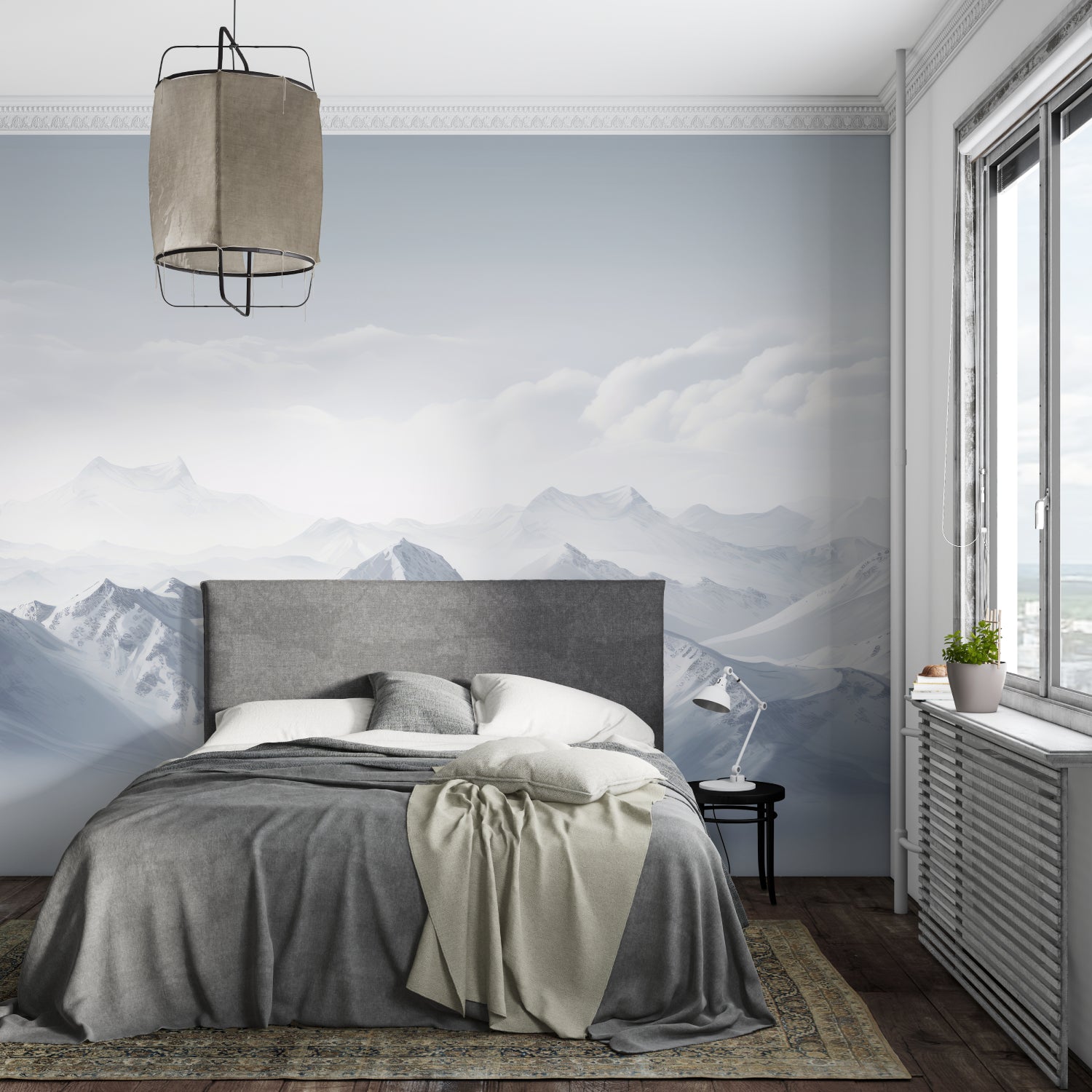 Mountain landscape mural in home office showing soft winter colors