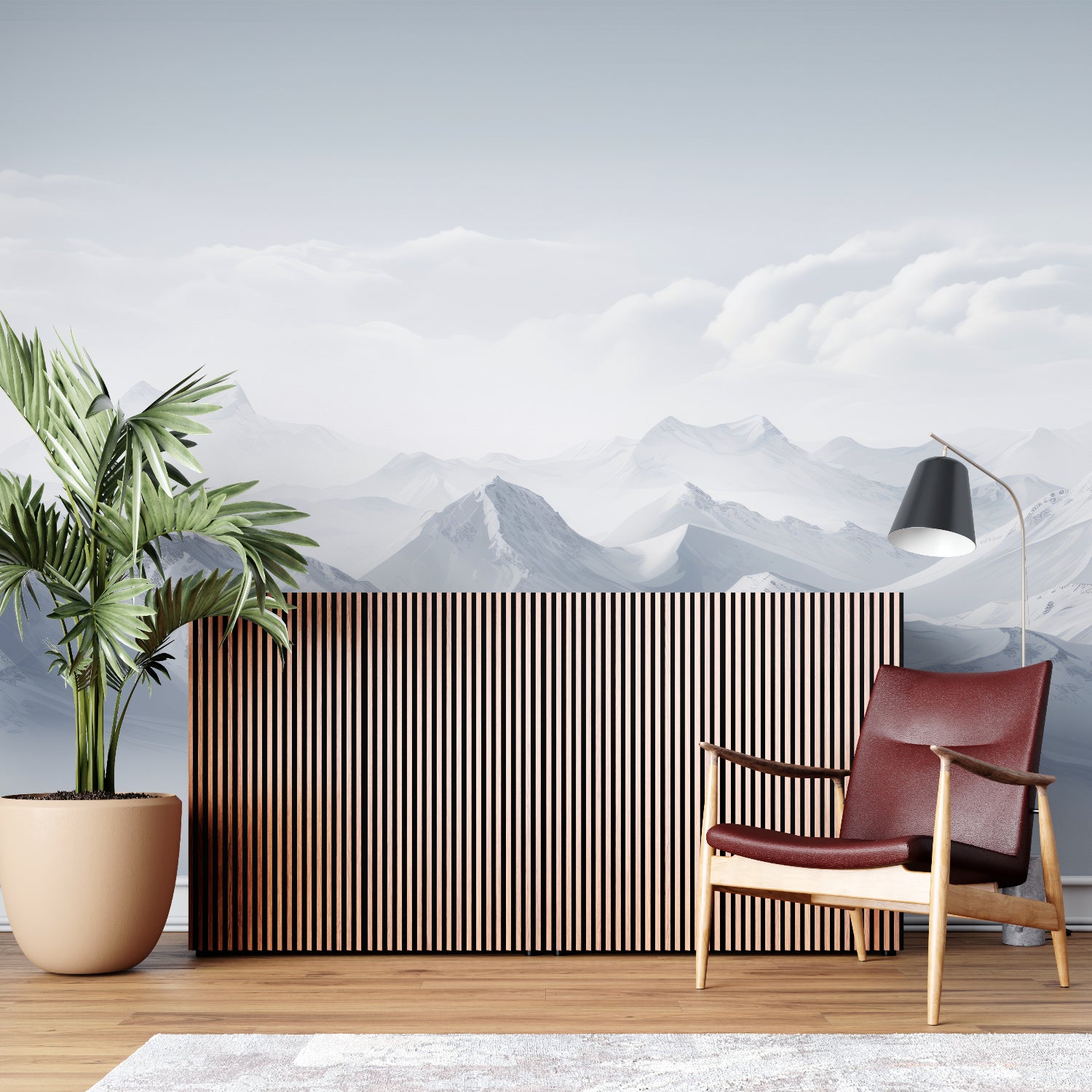 Snowy peaks wallpaper in dining room with natural lighting
