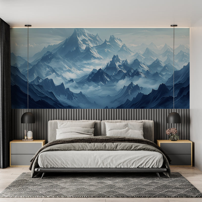 Snow-capped mountain mural in dining room with contemporary furniture