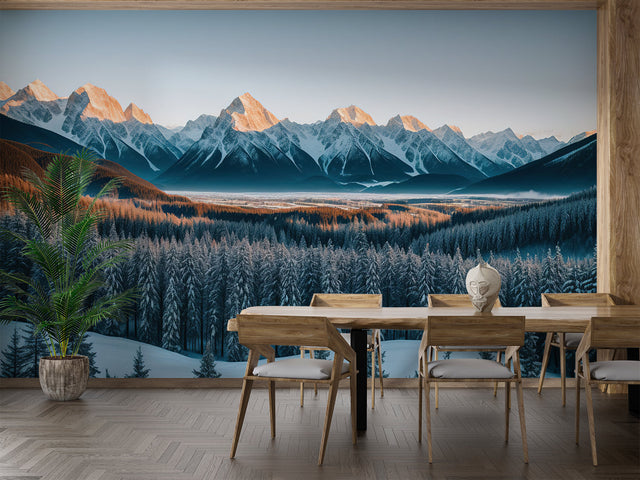 Mountain landscape wallpaper creating depth in modern living room with grey sofa