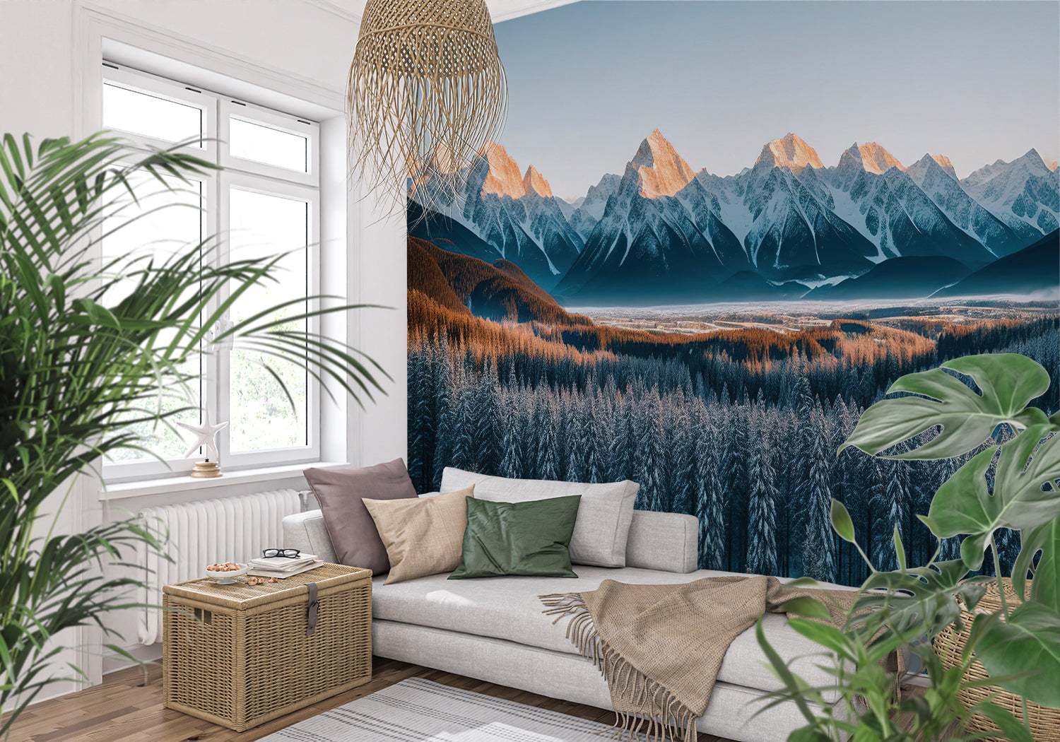 Snowy mountain mural wallpaper in cozy bedroom setting with natural light