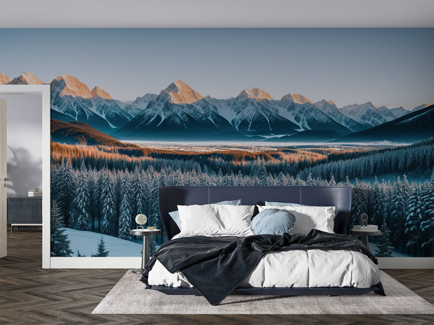 Alpine sunset wallpaper making statement in minimalist dining room