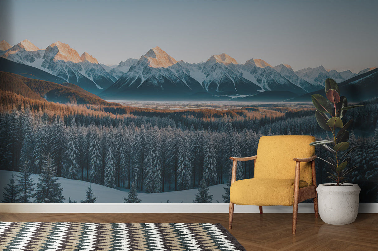 Panoramic mountain wallpaper creating focal point in entrance hall