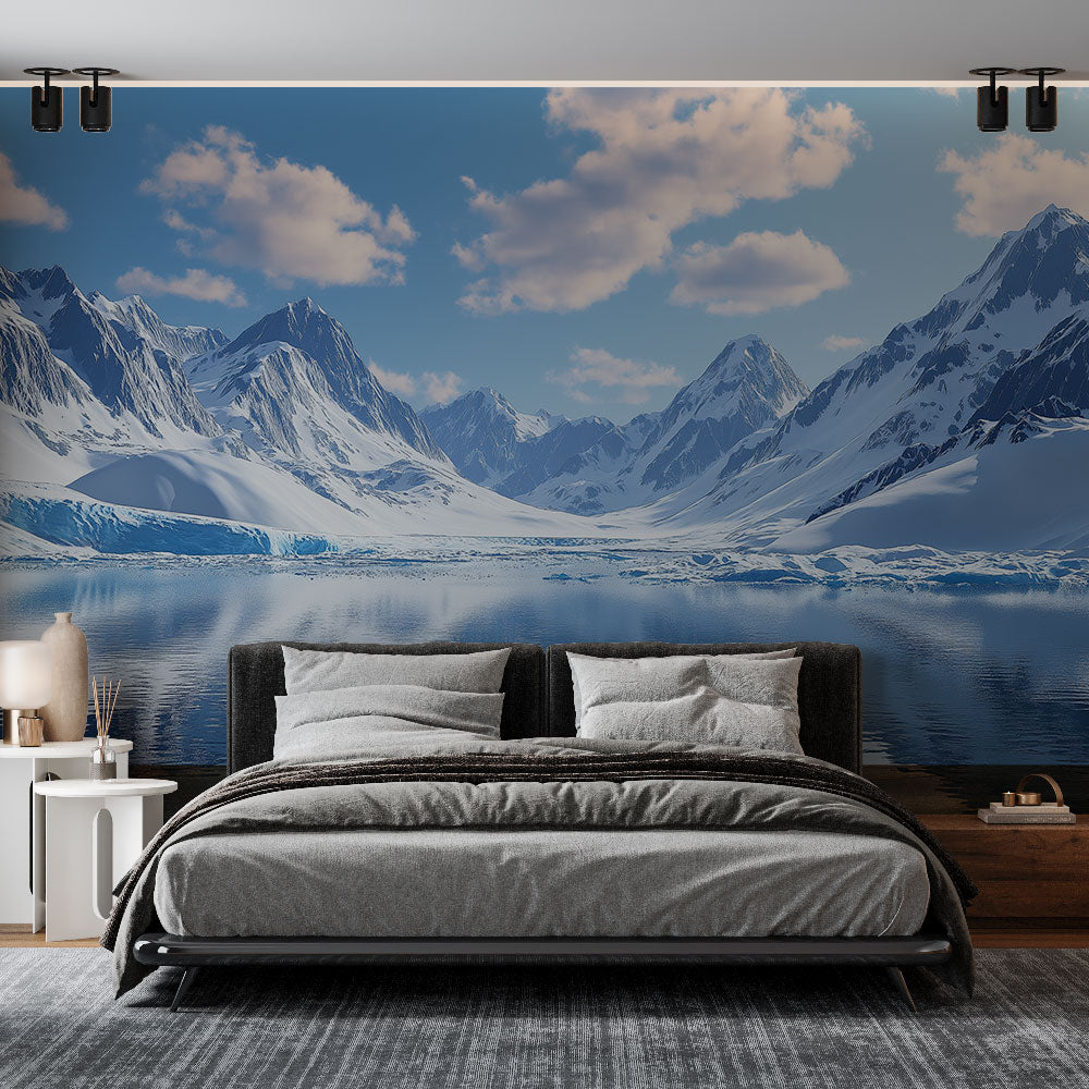 Mountain landscape wallpaper shown in bright modern living room, creating depth with snowy peaks reflected in alpine lake