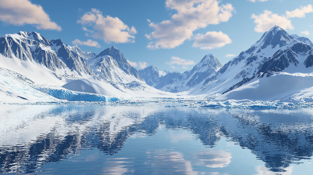 Mountain wallpaper design file showing detailed snow-capped peaks and mirror-like lake reflection